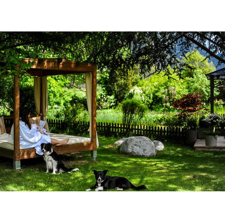 A woman is sitting on a covered bed in the garden, with two dogs lying on the grass in front of her