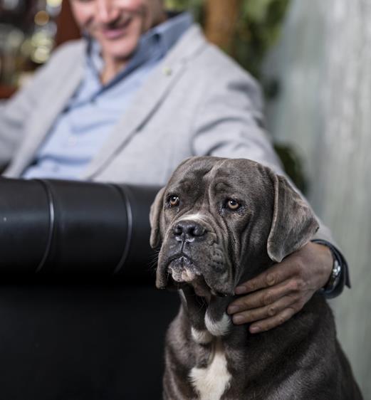 Ein Mann und ein Hund sitzen an einem Tisch