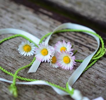 A heart made of green and white ribbon, decorated with small daisies, is placed on wood.