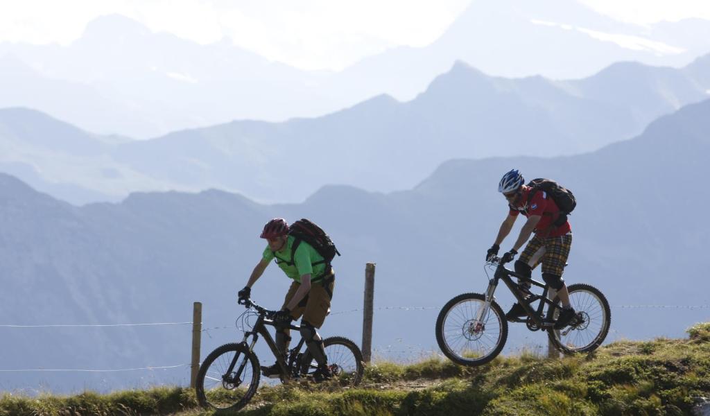 Due uomini con le loro biciclette su una pista da downhill