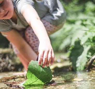 Un bambino gioca presso un ruscello e mette una grande foglia verde nell’acqua