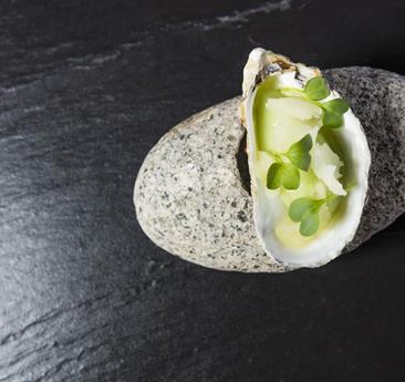 Ein kunstvoll angerichtetes Gericht in einer Muschelschale, serviert auf einem Steinuntergrund