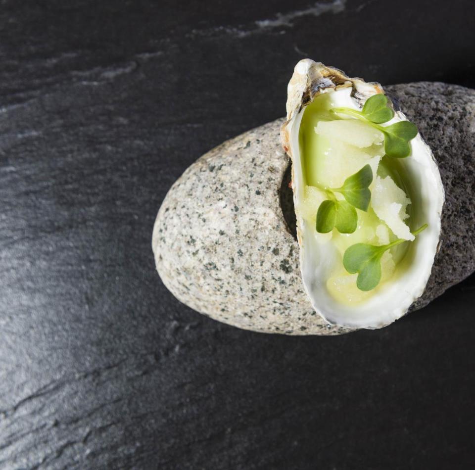 An artfully presented dish in a seashell, served on a stone surface
