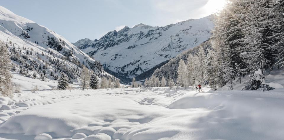 Eine verschneite Berglandschaft mit zwei Langläufern