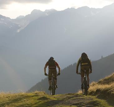 Two men with their bicycles on a downhill trail