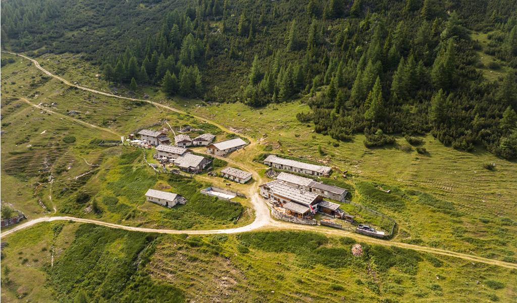 Ein Almdorf liegt eingebettet inmitten grüner Bergwiesen