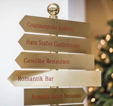Wegweisschilder im Hotel Stafler