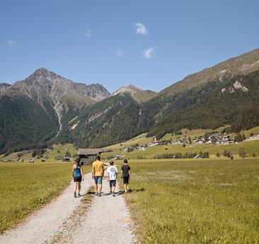 A family with two children is hiking along a meadow path