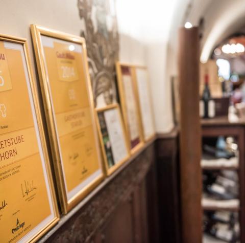 Various framed awards of Hotel Stafler