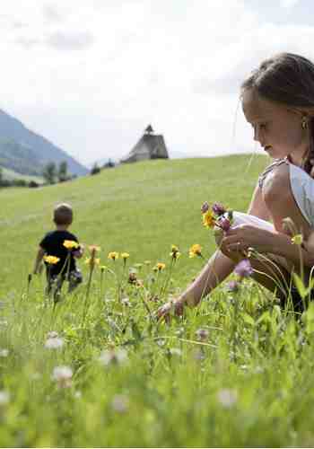 Two children picking flowers
